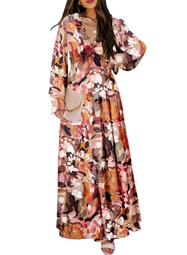 Image of BLENCOT Womens Casual Boho Floral Printed V Neck Long Sleeve Long Maxi Dress Spring Summer Dresses