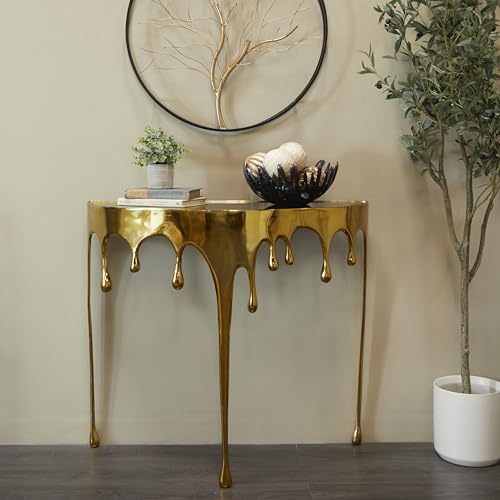 Image of Deco 79 Aluminum Metal Abstract Living Room Console Table Crescent Drip Table with Melting Design Legs and Glass Top, Entryway Table 36 inch x 14 inch x 32 inch, Gold