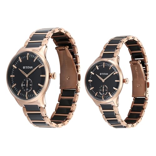 Image of Titan Modern Bandhan Pair Analog with Black Dial Ceramic and Rose Gold Stainless Steel Strap Watch for Couples - 9401394213KD01