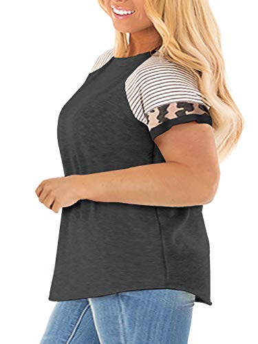 Womens Plus Size Short Sleeve Striped Leopard Print Tshirts Crewneck Tee Tops Dark Grey 14W #TOP1