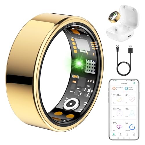 Ring Health Tracker for Women Men, Fit Ring with Heart Rate, Blood Oxygen, Sleep Monitor, Calories, Step Counter, IP68 Waterproof Smart Ring for iPhone & Android, No Subscription Fee (Gold, 13#)