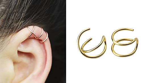 Minimalist S925 Sterling Silver Ear Cuff Criss Cross Ear Cuff Fake Cartilage Earring classic ear cuff earring no piercing, cuff earrings for women(Gold,2PCS)