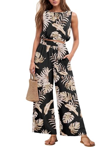 GRECERELLE 2 Piece Sets for Women Summer Sleeveless Crop Top Wide Leg Pants Resort Wear for Women...