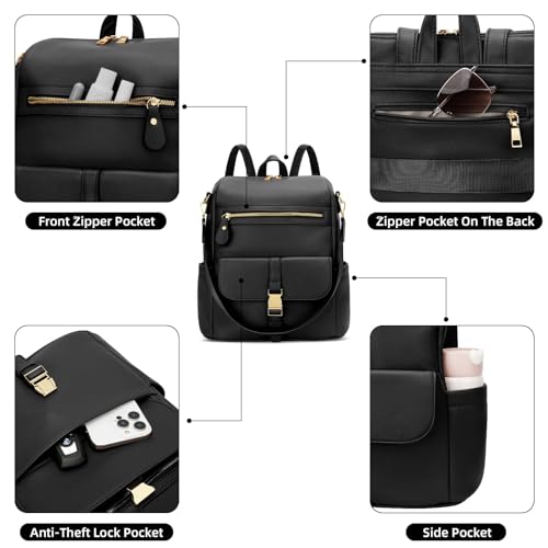 Image of KKXIU Backpack Purse for Women - Multi-pocket Leather backpack for Travel, Work & School with Anti-Theft Lock Pocket, Luggage Strap & Water Bottle Pockets - 13x14x5.2 Inch, 1.67lb (Black)