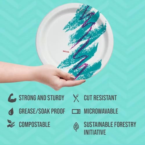 SOLO 10" Large Paper Plates, Jazz 90s Nostalgic Print, Pack of 55ct Paper Plates