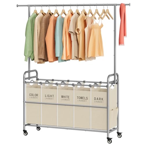 Tajsoon Laundry Sorter with Hanging Bar, 5 Bag Laundry Sorter