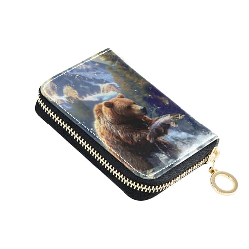 Vivid Brown Bear River Print Women Wallet Leather 9 Credit Card Slots & 2 Cash Slots Funny Travel Wallet with Zipper - Main Image