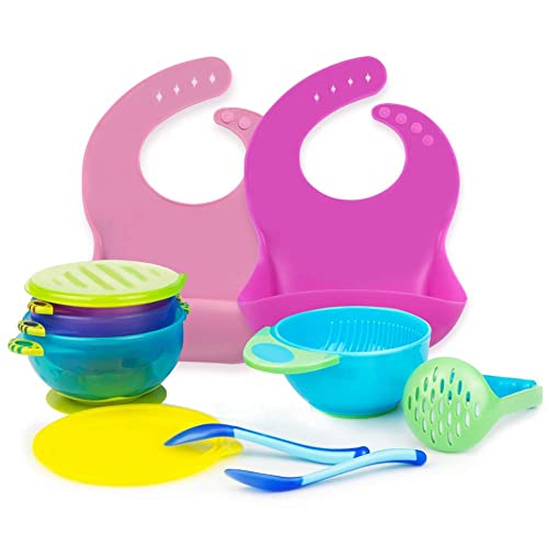 Image of RyanLemon 9Pcs Silicone Baby Feeding Set - Baby Led Weaning Supplies - Baby Suction Bowls, Silicone Bib & Heat Senstive Feeding Spoons, Purple