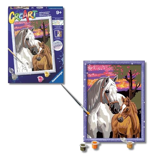 Ravensburger - Creart D: Caballos al Atardecer | Pintar por Numeros Niños | Kit Manualidades Niños con Purpurina | Kit Pintura Niño Completo | Regalo Niña 9 Años | Incluye Marco 24x18cm