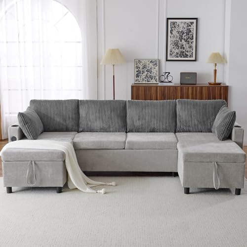 Image of ERYE U-Shaped Pull Out Sleeper Couch Bed Symmetrical Sleeper Sectional Sofa Convertible Sofabed with Storage Chaises for Living Room