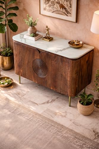 Image of Solid Wood Mandala Sideboard Cabinet with Sintered Stone Top for Living Room | Scratch Resistant Lacquered Tubaq Finish | 119.8 x 39.8 x 85 cm