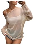Milumia Women's Long Sleeve Sparkly Sheer Mesh Top Off Shoulder See Through Top Clubbing Rave Concert Apricot Medium