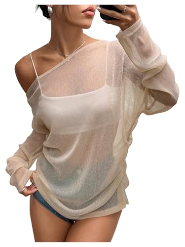 Milumia Women's Long Sleeve Sparkly Sheer Mesh Top Off Shoulder