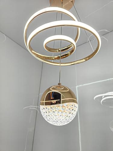 Image of swanart Modern LED Ceiling Pendant Light with Crystal Ball, Spiral Design Chandelier, Dimmable Hanging Lamp for Dining Room, Living Room, Bedroom, Hallway (Gold)