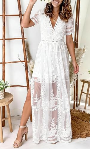 Image of LRISES Womens V Neck Floral Embroidered Lace Wedding Maxi Dress Boho Short Sleeve Slit Bridesmaid Evening Party Dresses