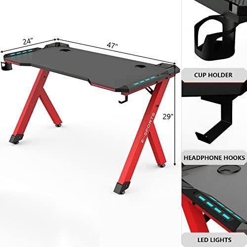 Scrivania da gioco ergonomica con portabicchieri e gancio per cuffie, postazione di lavoro di alta qualità per casa, ufficio e giochi al PC, 119 cm