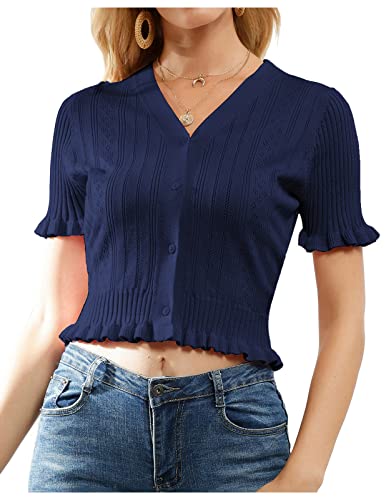 Kate Kasin Womens Summer Vintage V Neck Knit Buttom Down Cardigan Tops Ruffle Short Sleeve Blouse Shirts Navy Blue Xxl #TOP15