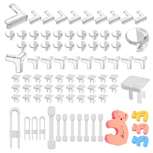 Image of 86Pack Baby Proofing Kit: Baby Locks(Strip-Shape 8Pack,U-Shape 4Pack), Baby Corner(Ball-type 20Pack,T-type 10Pack, L-type 10Pack),Socket cover 30Pack, Cartoon door stop 4Pack