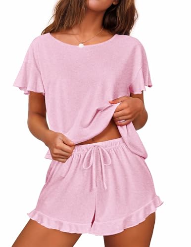 Image of Ekouaer Women's Pajama Set Ruffle Sleeves Top and Short | 2 Piece Ruffle Hem Sleeves Top and Shorts Pjs Set, Soft Short Sleepwear Set, Elastic Waistband Design