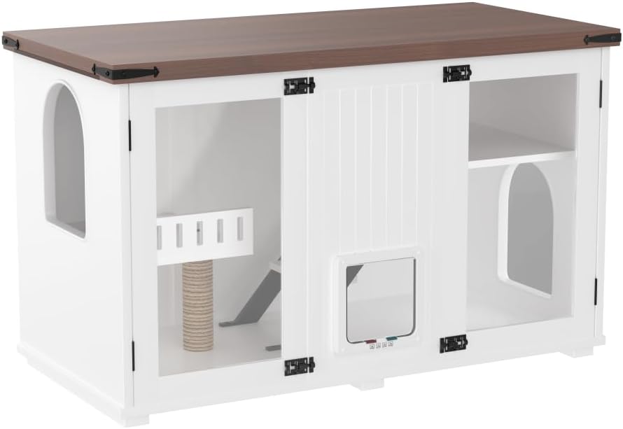 47.25" Large Cat Litter Box Enclosure with LED Light, Hidden Litter Box Furniture Side Table with Smart Locking Door, Cat House with Stairs & Scratching Post for Large Cats, White