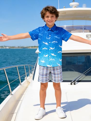 Image of uideazone Boys Button Up Shirts for Teens Size 13-14 Gradient Blue Shark Shirts Kids Aloha Holiday Casual Blouse for Beach Play Rafting Surfing Wading Sandcastle Building