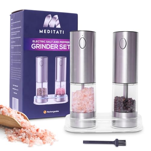 Electric Salt and Pepper Grinder Set - One-Hand Operation, Rechargeable, Refillable, Large Capacity, Stainless Steel, Ceramic Core, Adjustable Coarseness, Automatic Salt and Pepper Mills, LED Lights