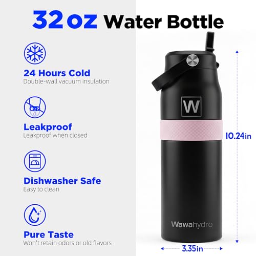 Image of 32 oz Insulated Water Bottle with Straw, Leakproof Stainless Steel Bottle with Handle, Non-Slip Silicone Sleeve, Internal Markings, Dishwasher Safe for Travel, Gym, Sports,Black