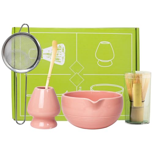 Set of 5 Matcha Tea Set with Whisk and Bowl, Matcha Whisk Set Matcha Bowl and Matcha Whisk, Scoop, Sifter, Whisk Holder(Pink)