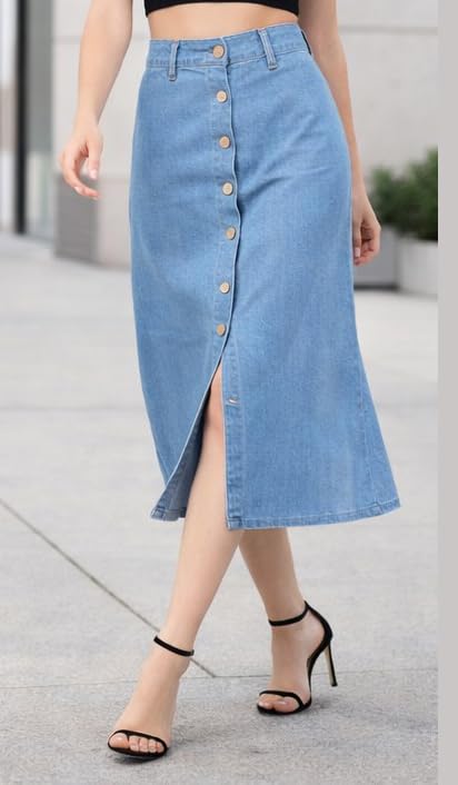 Image of Western Trending Stylish Flared Comfortable Solid Long Denim Skirt for Women & Girls