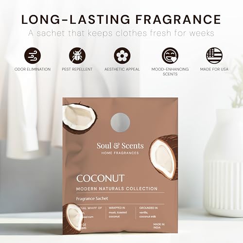 Image of Soul & Scents Coconut Fragrance Sachet | A Blend of Toasted Coconut, Vanilla & Musk | Long-Lasting Air Freshener for Car, Wardrobe, Kitchen, and Travel Bag | Pack of 3-20gm Each