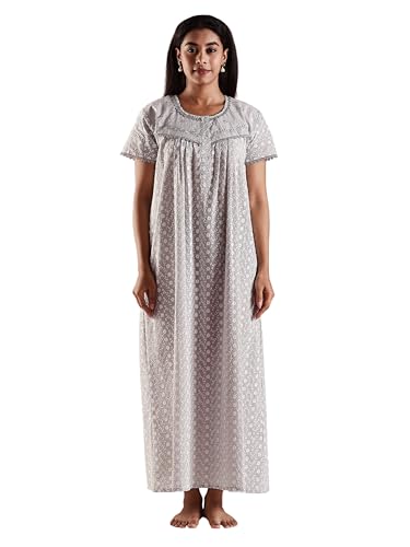 Image of 9shines Label Stylish Chikankari Cotton Nighty Maxi for Women | Full Length Nightgown | Nightdress with Pocket | Embroidery Nighty | Soft Comfortable Cotton Nightwear (1545)
