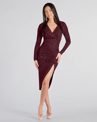 Image of ADDYVERO V-Neck Long Sleeve Lurex Gliter Solid Front Slit Front Ruched Seam Bodycon Above Knee Length Women Dress