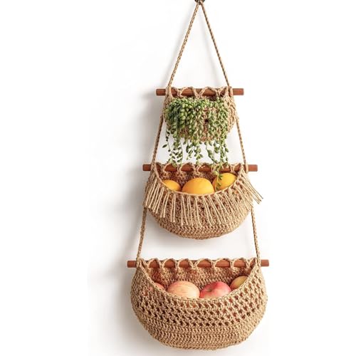 Felenny Corbeille à fruits à suspendre à 3 niveaux en jute tissée pour produits et légumes à suspendre sur la porte de la cuisine ou de la chambre à coucher