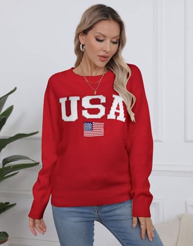 Image of Womens American Flag Sweater Crew Neck Casual Pullover Sweater