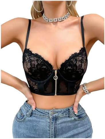 SweatyRocks Women's Sheer Floral Lace Front Zip Bra Spaghetti Str...