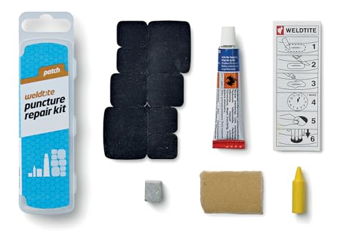 WELDTITE Puncture Repair Kit for Bike Tyre Inner Tubes - Comprehensive & Easy to Use - Includes 8 Rubber Patches 5 g Solution Sandpaper Chalk & Crayon