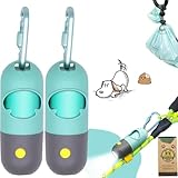 Dog Poop Waste Bags Holder with LED Flashlight|Cute Doggie Poo Bags Dispenser for Pet Leash|Trash Waste Bags Carrier with Potty Bags Clip Fastener LR44 Button Cells Included(2 Pack) (Crystal Blue)