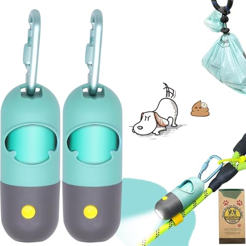 Dog Poop Waste Bags Holder with LED Flashlight|Cute Doggie Poo Bags Dispenser for Pet Leash|Trash Waste Bags Carrier with Potty Bags Clip Fastener LR44 Button Cells Included(2 Pack) (Crystal Blue)