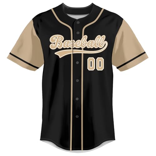 Camiseta de béisbol personalizada con nombre y número | Camisas abotonadas para hombres, mujeres y niños - Negro/SaddleBrown miniatura 3