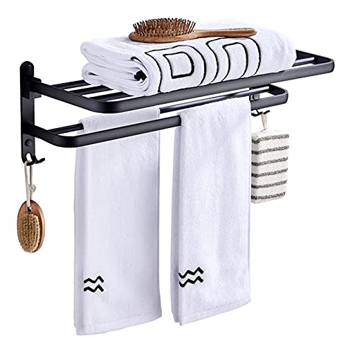 JUBANGLIAN Estante de Baño Plegable Montado en la Pared con Ganchos Taladro o Adhesivo Estante de Toalla de Baño con Barra de Toalla Suave sin Óxido Negro Mate(49x21cm (19x8 Pulgada),Negro) Cover