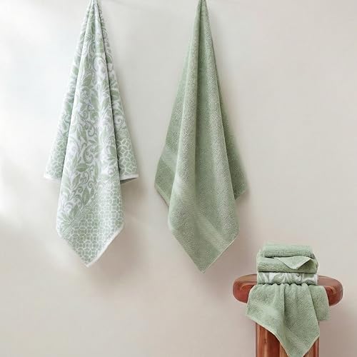 Image of Modern Threads 6 Piece Bath Towel Set - Bathroom Set with 2 Bath Towels, 2 Hand Towels, and 2 Wash Cloths - 100% Cotton, Super Absorbent & Extra Soft - Reversible Botanical Vine (Sage Green)