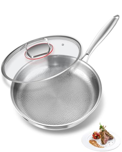 Abijan Edelstahlpfanne 28cm, Titan Pfanne, Bratpfanne unbeschichtet, 18/10 Edelstahl Induktionspfanne mit deckel, Textur-Design Pfanne Für Gas und Induktion ohne PTFE & PFOA,11 Inch