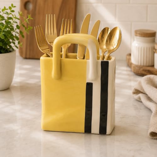 Image of Ceramic Cutlery Holder for Kitchen - 450 ml Utensil Organizer - White Floral Design - Spoon Stand for Kitchen Counter, Dining Table & Home Decor (Yellow Black Shade)