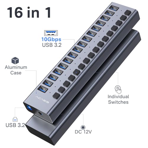 ACASIS USB 3.0 Hub Super Speed Splitter,16 Ports USB Data Hub with Power Adapter,Individual On/Off Switches & Lights for Laptop, PC, Computer, Mobile HDD, Flash Dr Each Port can Charge (16 Ports Grey)