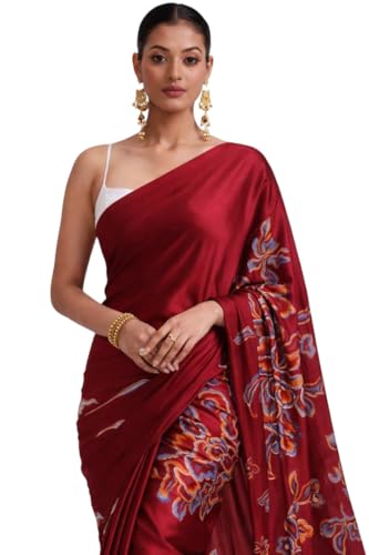 Image of Japan Satin Floral Print Saree for Women with Blouse Piece - Satin Finish Draped Saree