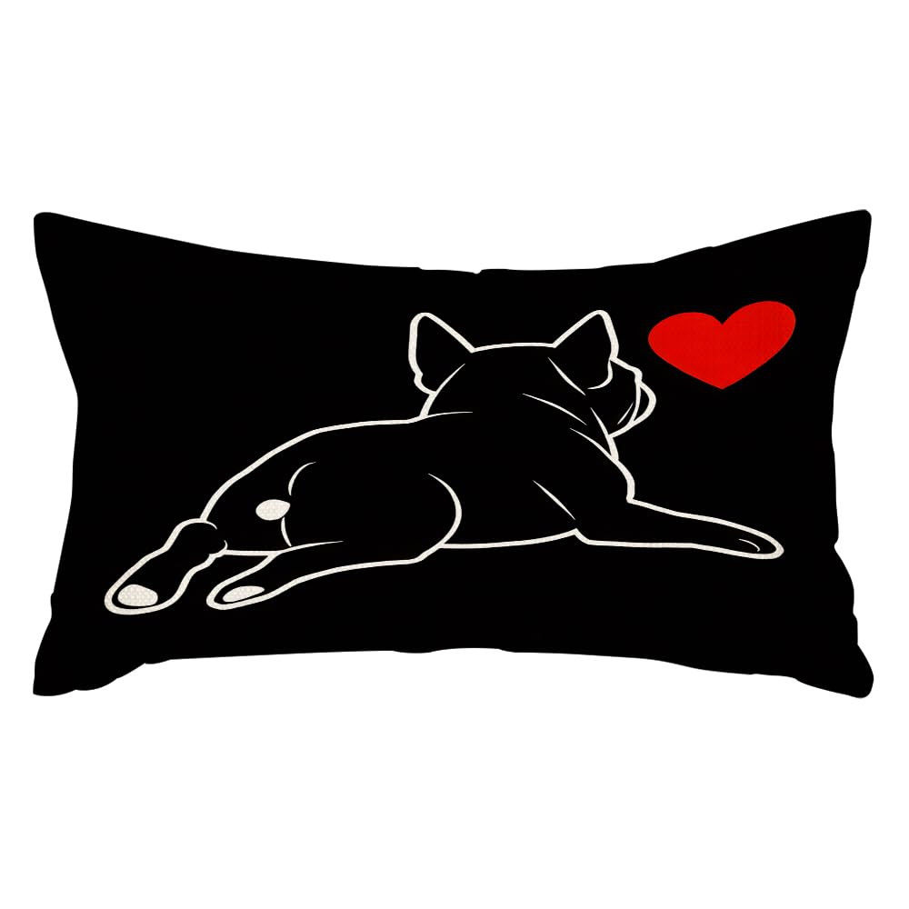 rkouqak Throw Pillow Covers Cute French Bulldog Dog Pet Animal Heart Black Pillow Cases Cotton Linen Waist Lumbar