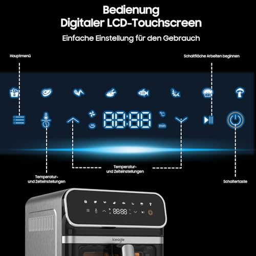 Heteluchtfriteuse, 6,7 liter, airfryer XXL, heteluchtfriteuse zonder vet, 2200 W heteluchtfriteuse met 8 kookprogramma's, digitaal display, met Duits receptenboek - Afbeelding 6