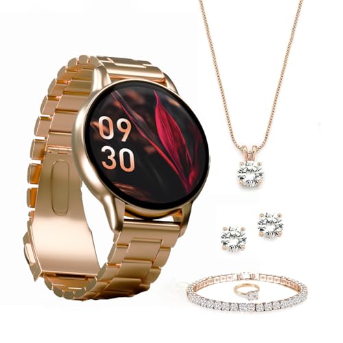 Vibez Glitz Luxury Smart Watch – Stainless Metal Straps, 1.39″ Display, BT Calling & Jewellery Set for Women, Gifts (Earrings, Necklace, Bracelet, Ring), Gold Vibez Glitz Luxury Smart Watch – Stainless Metal Straps, 1.39″ Display, BT Calling & Jewellery Set for Women, Gifts (Earrings, Necklace, Bracelet, Ring), Gold