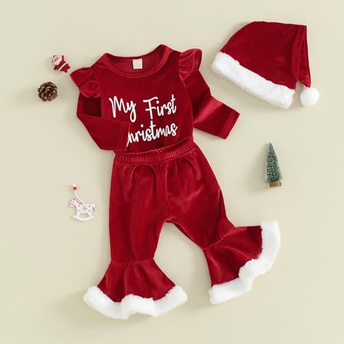 FIOMVA My First Christmas Baby Girl Outfit Newborn Fall Winter Onesie Bell Bottoms Hat 3pcs Set Romper Pants Clothes3