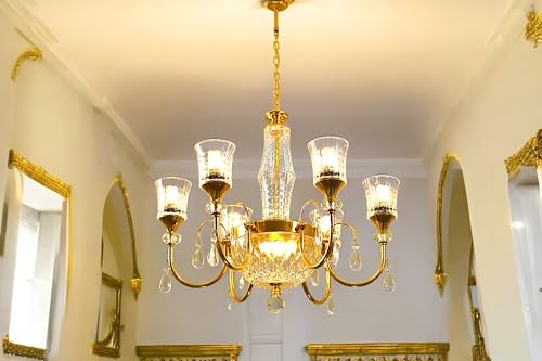 Image of Prop It Up Crystal Glass Chandelier, 6+1-Light Gold Finish, Elegant Pendant Ceiling Light with Decorative Drops, Without Bulb